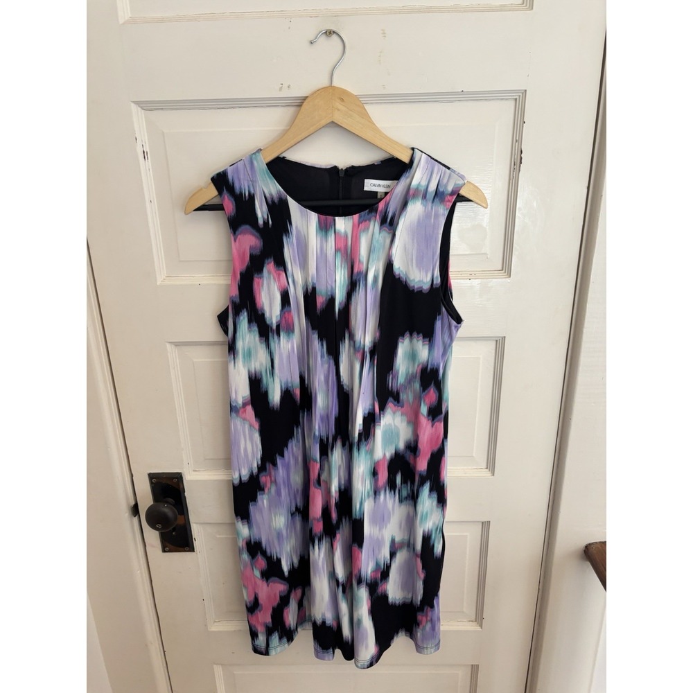 Calvin Klein Black Abstract Watercolor Print Sleeveless Shift Dress M $99.50